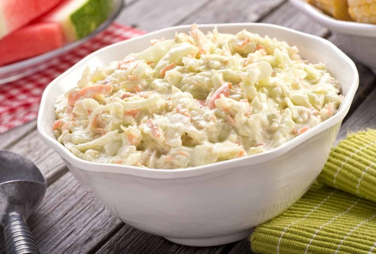 a bowl of delicious creamy homemade coleslaw
