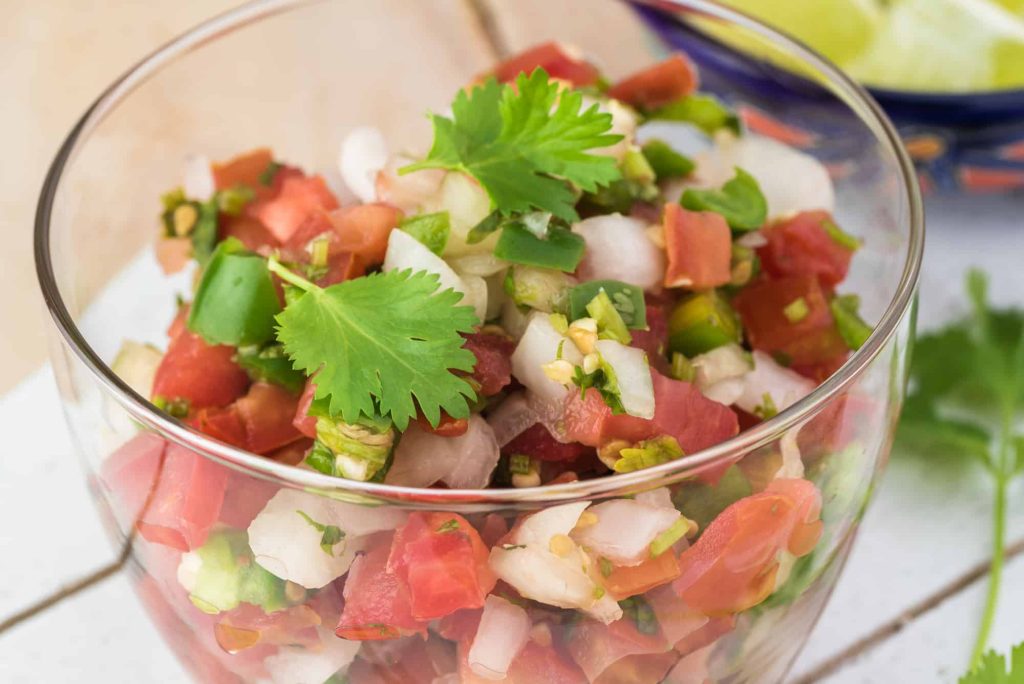 glass bowl with pico de gallo